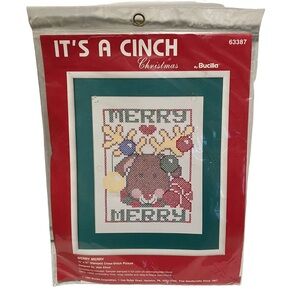 Bucilla It's A Cinch Christmas Reindeer Merry Merry Stamped Cross Stitch Picture